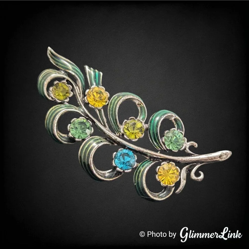 Vintage Enamel Rhinestone Leaf Brooch Silver Tone Green Ribbon Curl Design